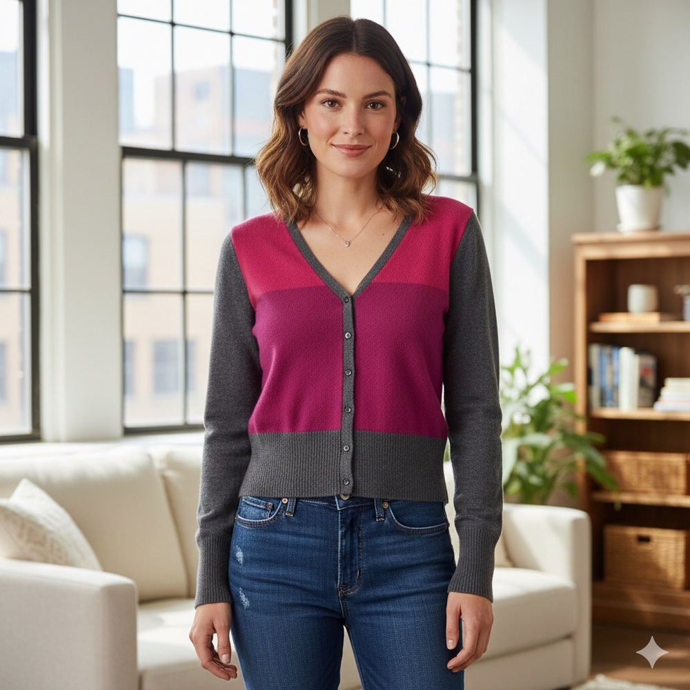 Apt. 9 Women’s Cashmere Fuchsia and Charcoal Cardigan Sweater size‎ Medium